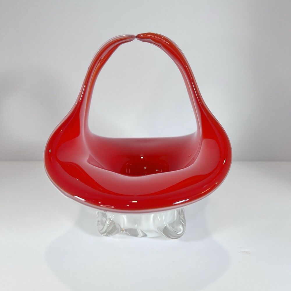 Vintage Murano Style Italian Hand Blown Glass Basket Red And‎ White. MCM